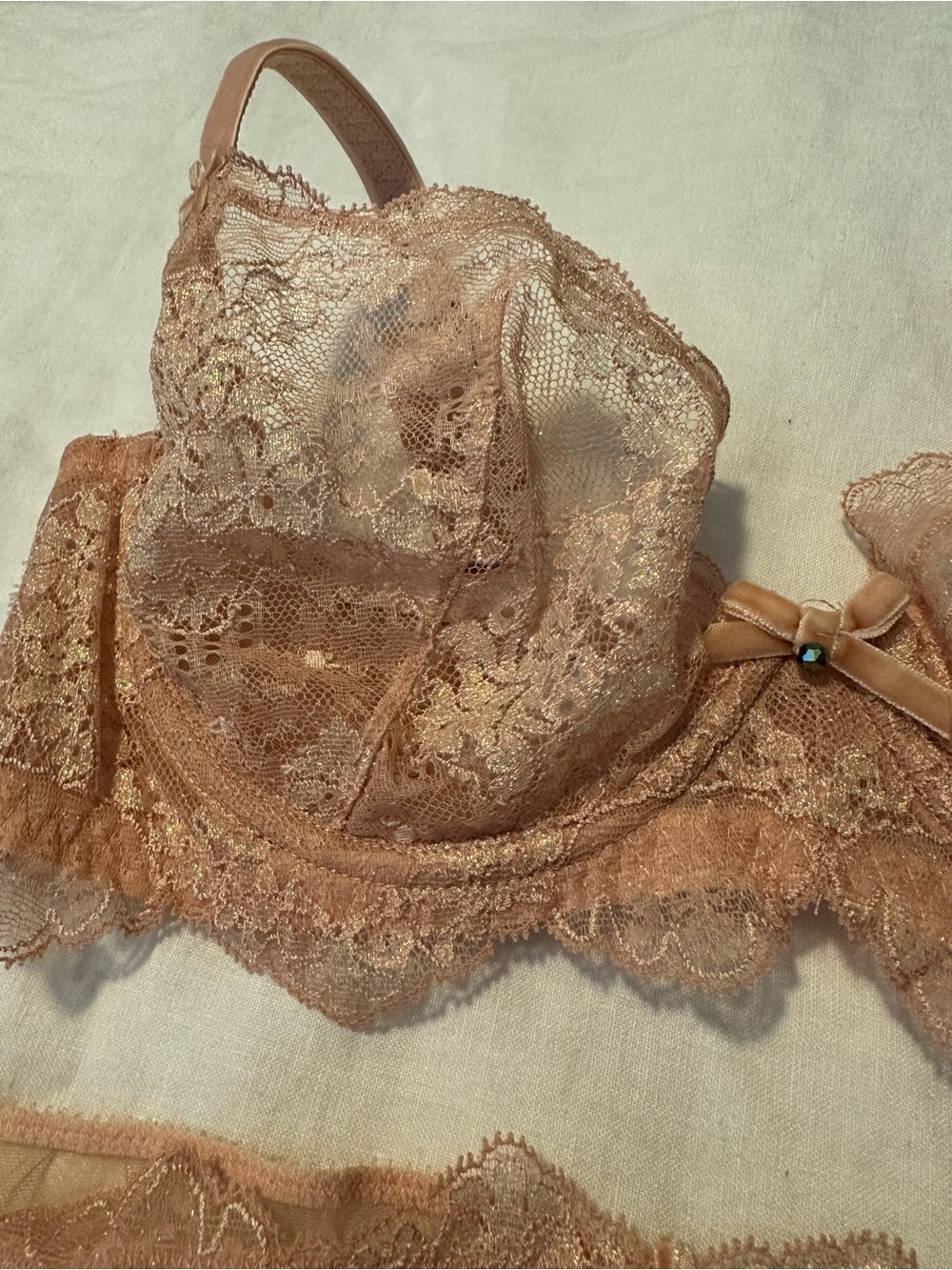 Dita Von Teese Sheer Lace Underwire Bra & Thong Set in Dusty Peach - Picture 3 of 5